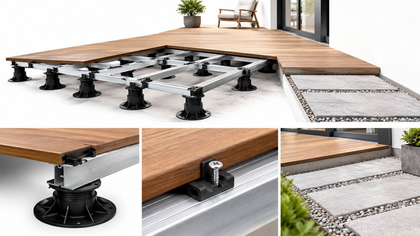 Detaljeret visning af opbygningen af en moderne træterrasse på justerbare fødder med aluminiumsskinner og clips.