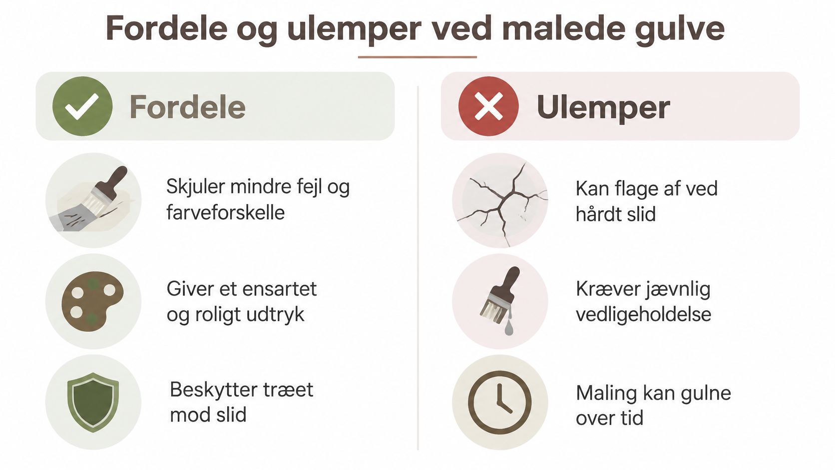 En oversigt over fordele og ulemper ved at male trægulve i en letforståelig grafisk opstilling.