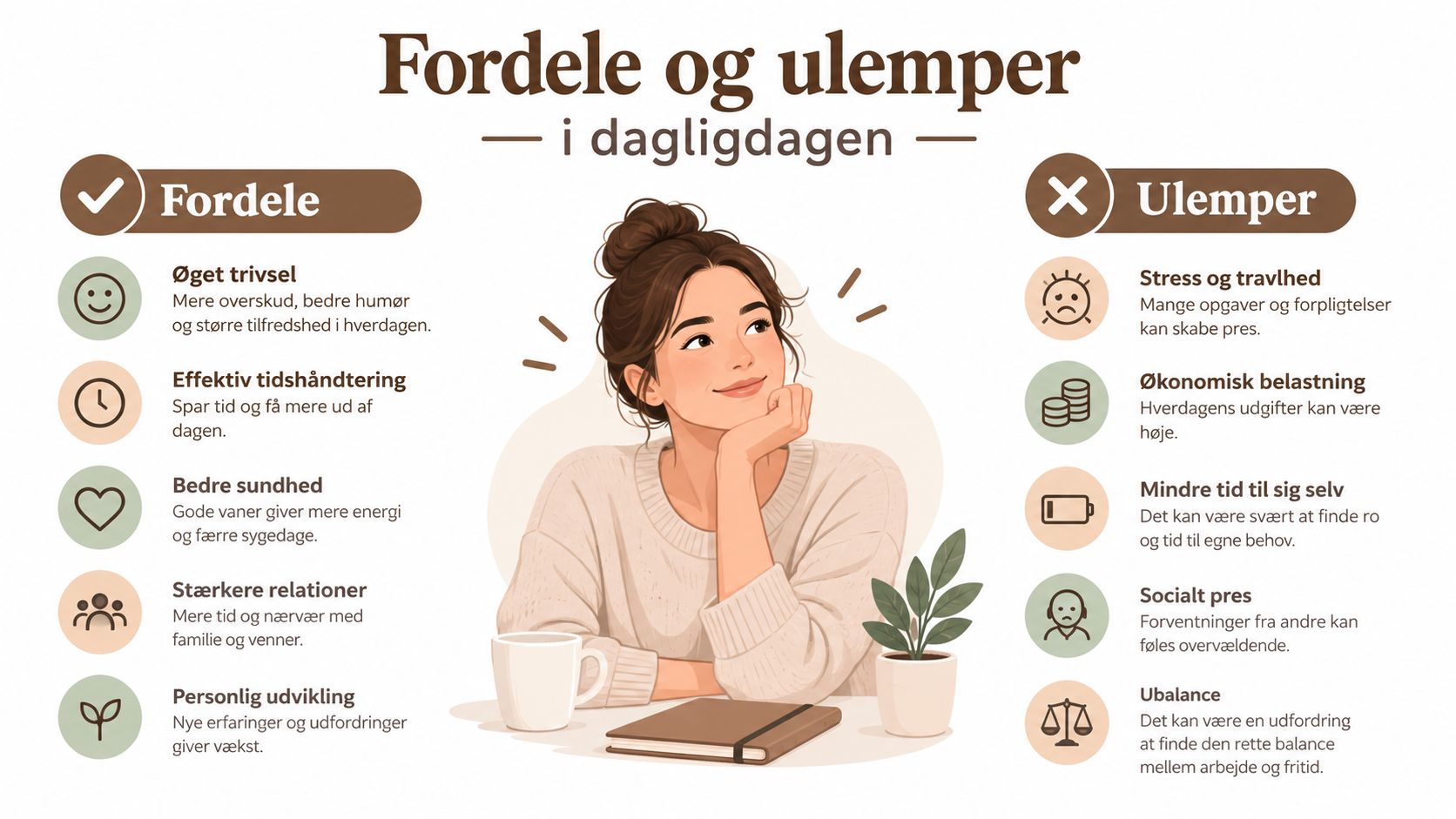 Infografik der viser fordele og ulemper i dagligdagen med en illustreret kvinde ved et skrivebord.
