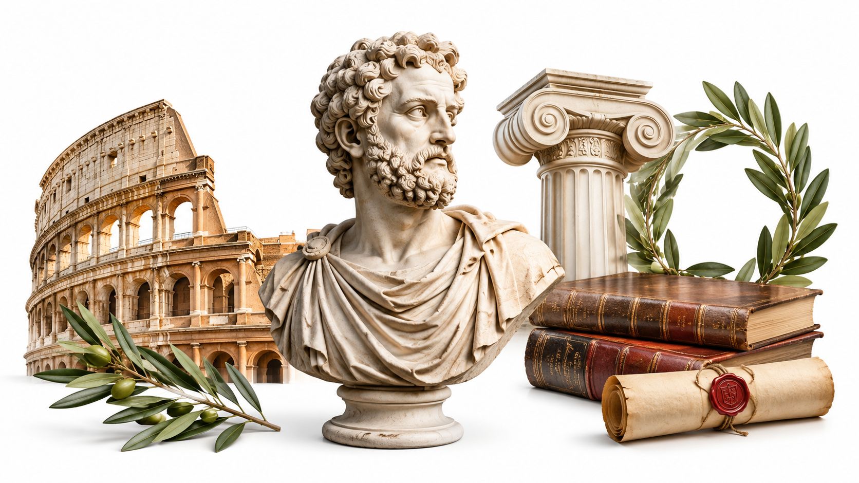 En klassisk romersk buste, et antikt søjleelement, bøger og et rullebrev foran et historisk Colosseum