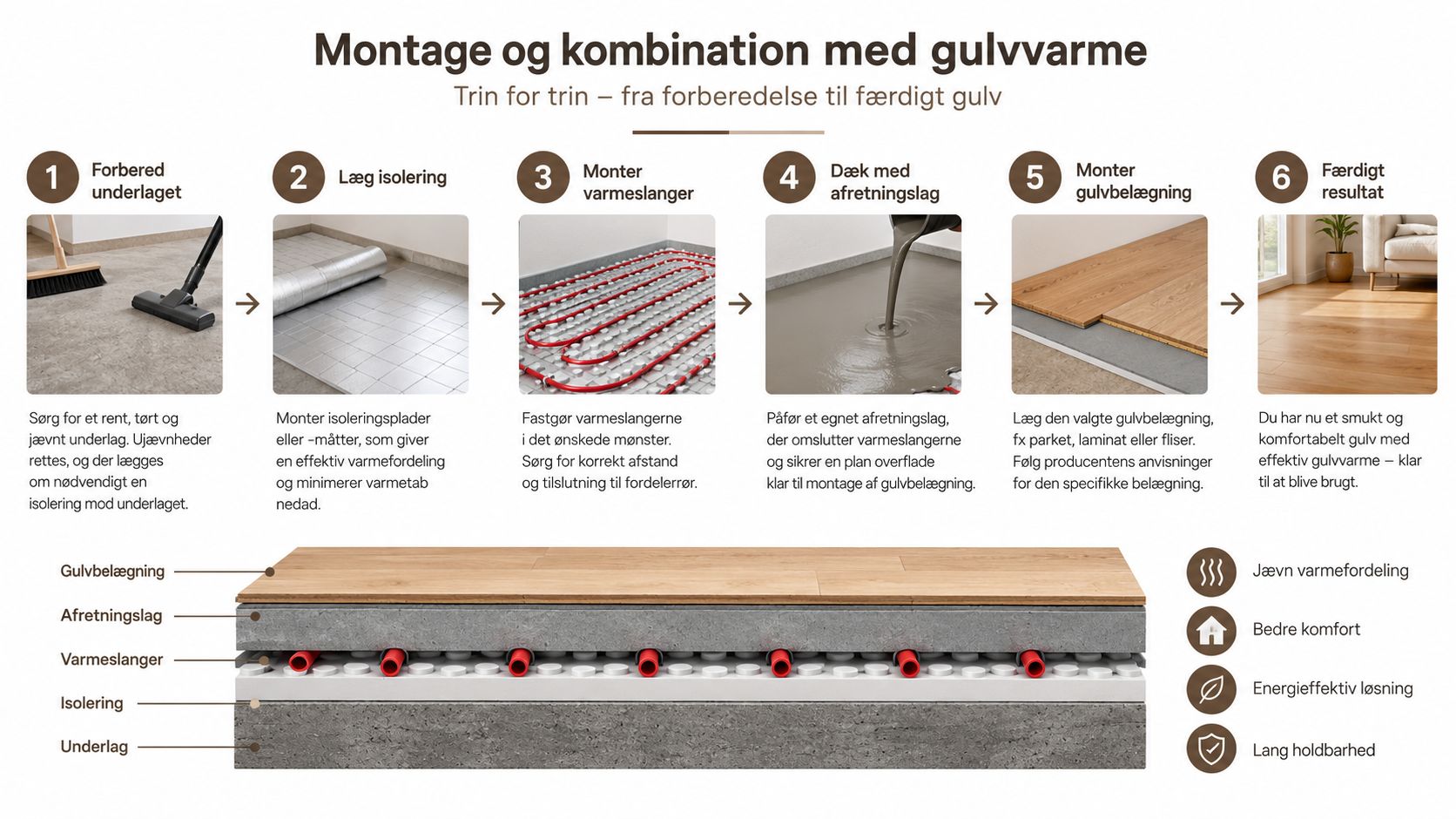 En guide i seks trin til korrekt installation af gulvvarme under et nyt trægulv i boligen.