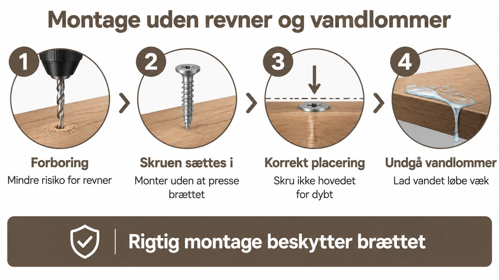Illustration der viser fire trin til korrekt montering af terrassebrædder for at undgå revner og vandansamlinger.