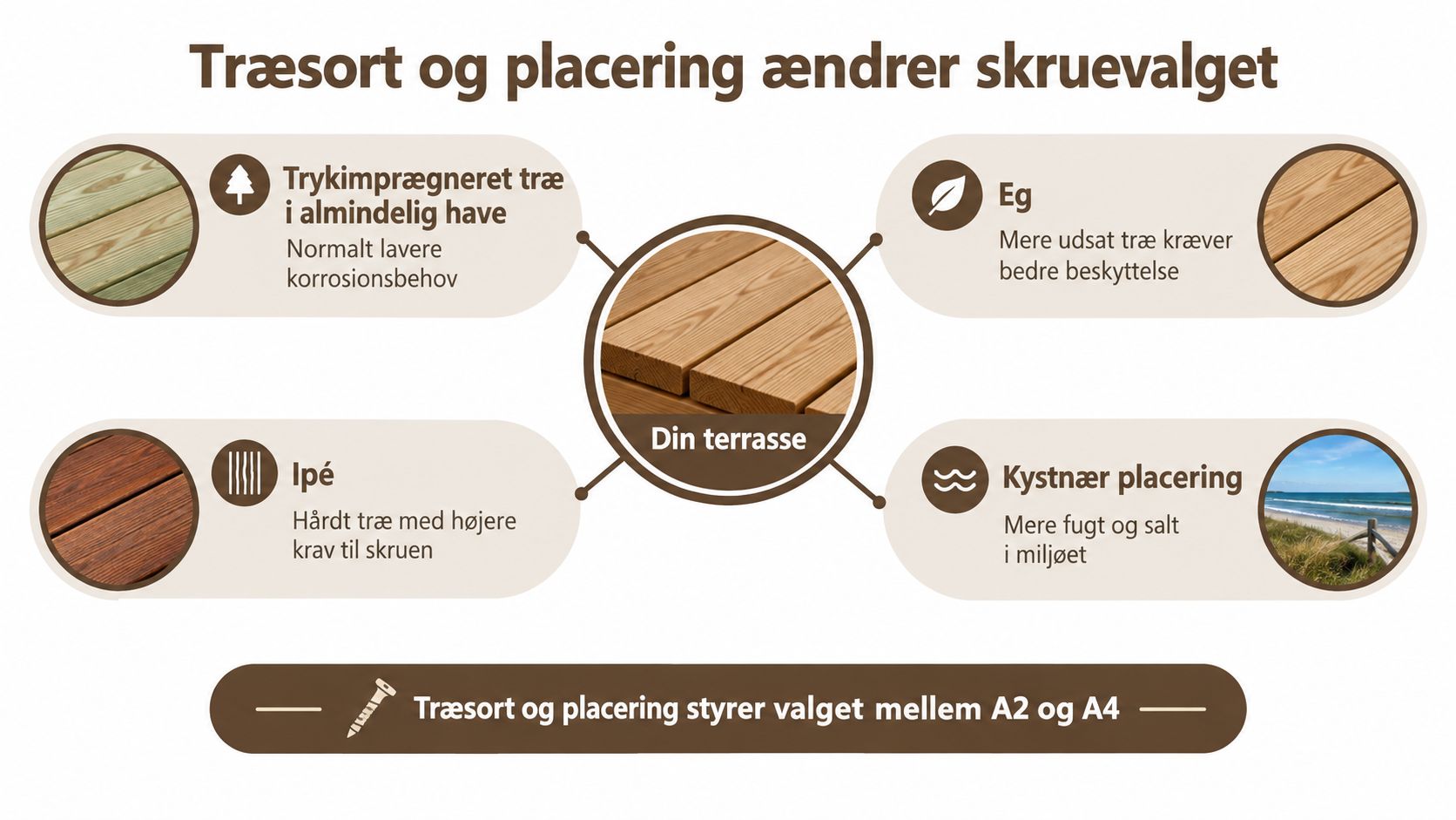 En infografik der viser hvordan træsort og placering påvirker valget af rustfri skruer til din terrasse.