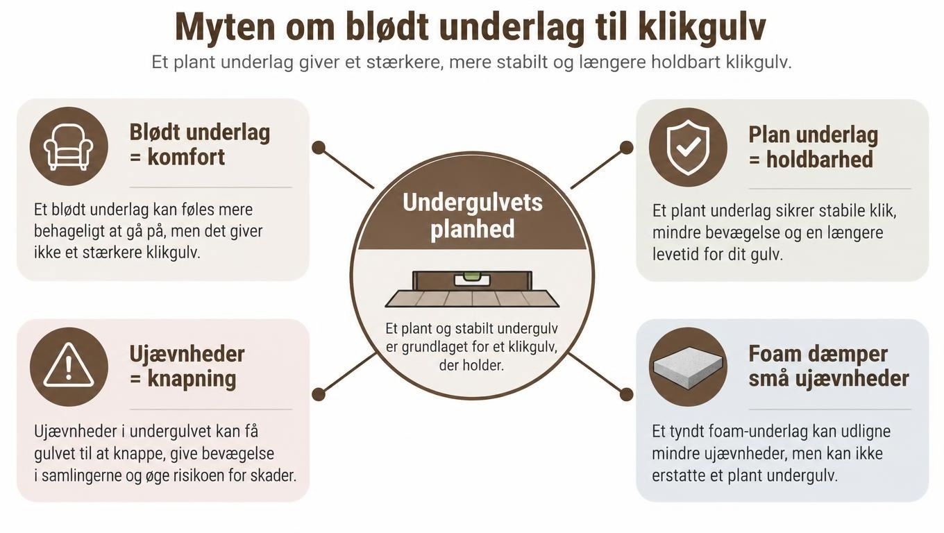 En infographic der forklarer vigtigheden af et plant underlag frem for et blødt underlag til klikgulve.