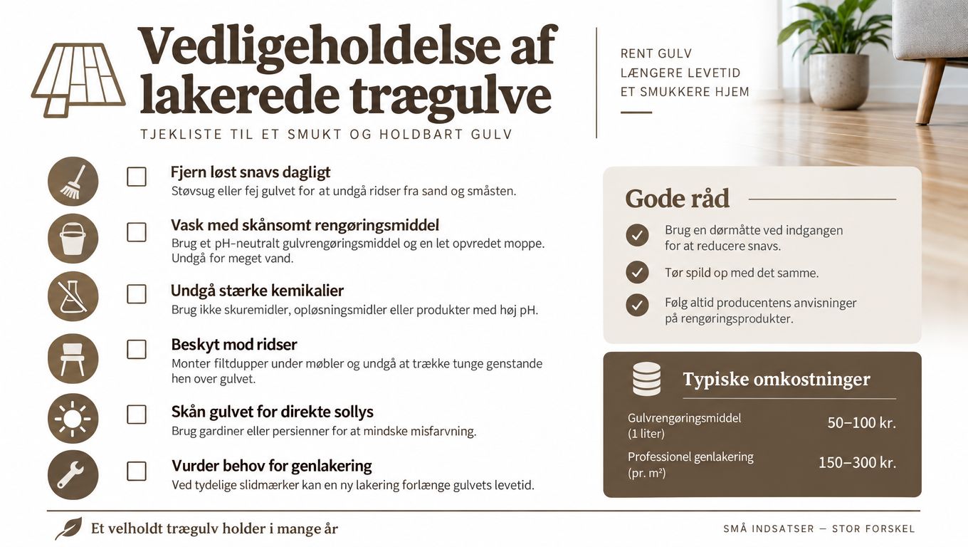 En vejledning til vedligeholdelse af lakerede trægulve med tjekliste, gode råd og typiske omkostninger for husejere.