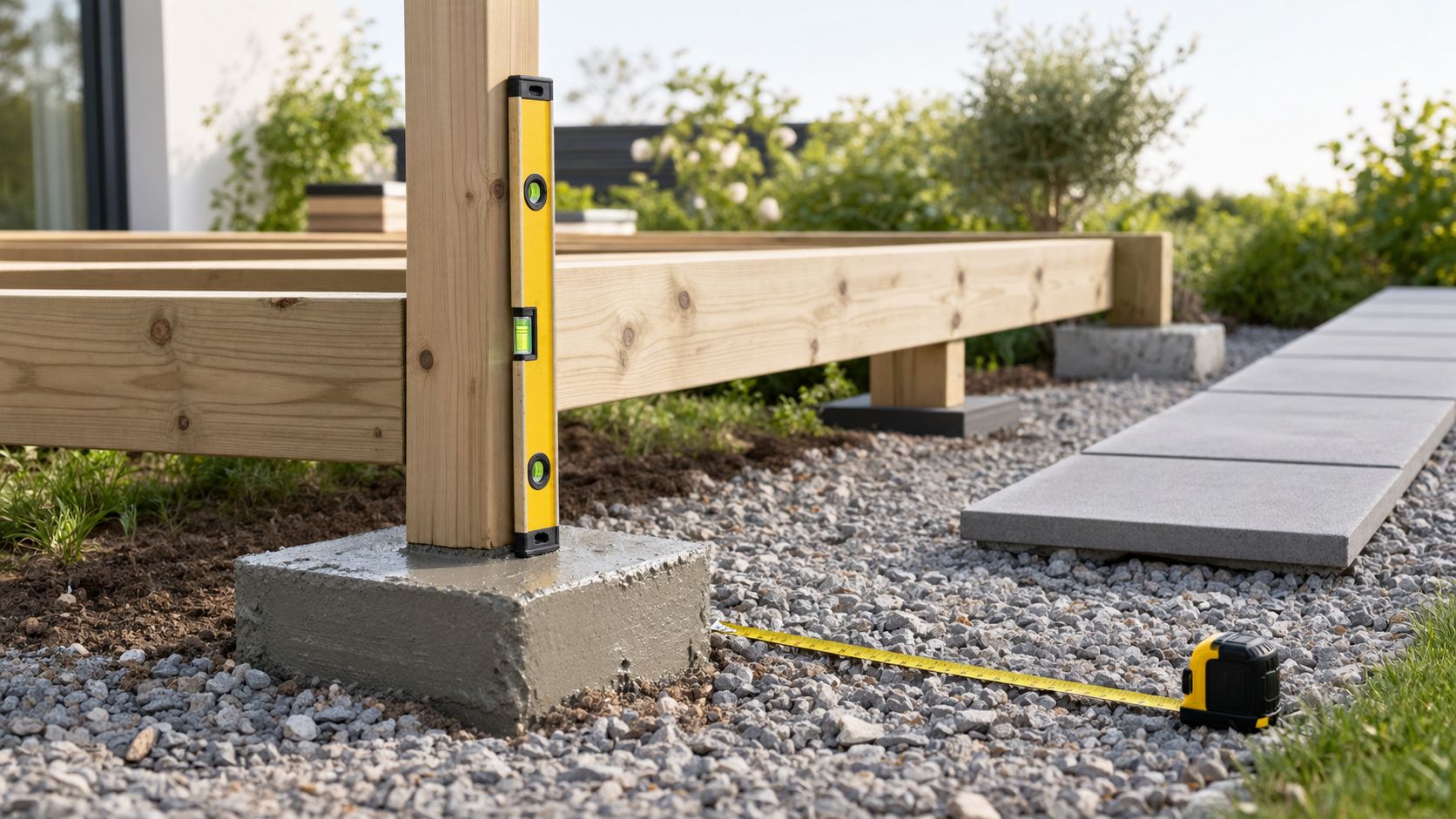 Træstolpe monteres på et betonfundament til en ny træterrasse, målt med vaterpas og målebånd i haven.