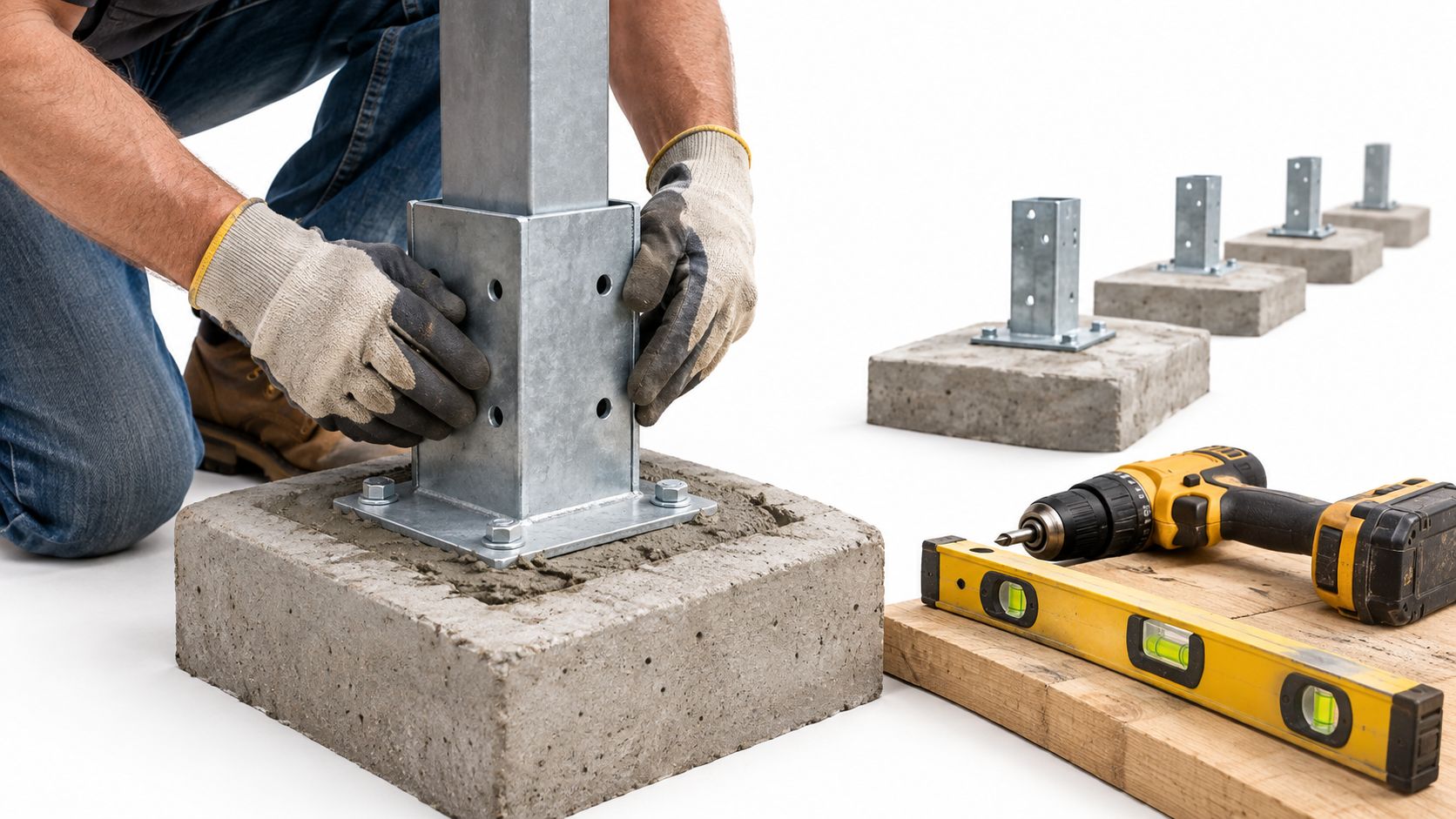 En bygningsarbejder monterer en metalstolpe på et betonfundament til en terrassekonstruktion på en hvid baggrund.
